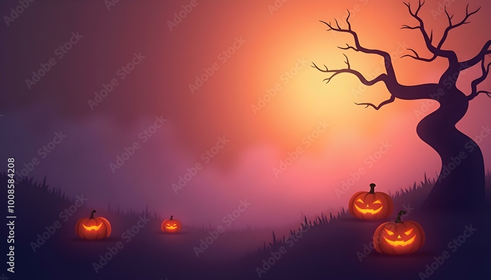 Carved pumpkins and a twisted tree create an eerie atmosphere during Halloween dusk Carved pumpkins and a twisted tree create an eerie atmosphere during Halloween dusk