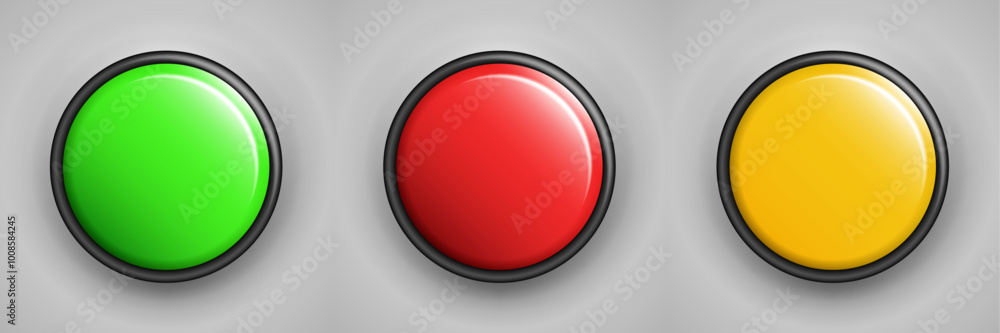 3D Start, Caution, and Stop Buttons: Red, Yellow, and Green Options for Alarm, Alert, Warning, SOS, Fail, Pass, Hazard, and Emergency Safety. Vector. 3D Start, Caution, and Stop Buttons: Red, Yellow, and Green Options for Alarm, Alert, Warning, SOS, Fail, Pass, Hazard, and Emergency Safety. Vector.