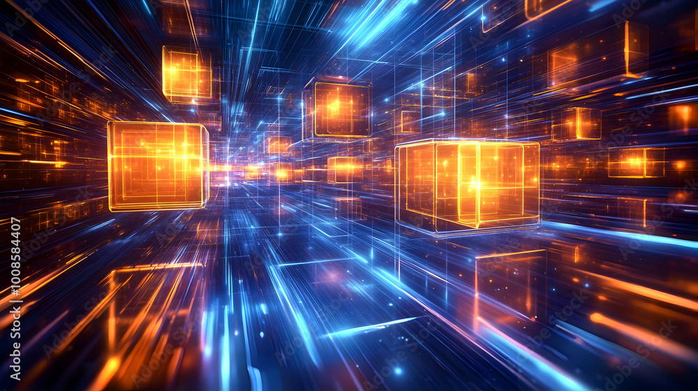 Abstract 3D Illustration of Glowing Cubes in a Digital Space with Light Streaks Abstract 3D Illustration of Glowing Cubes in a Digital Space with Light Streaks