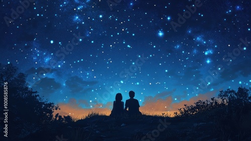 Starry Night Sky with Silhouetted Figures