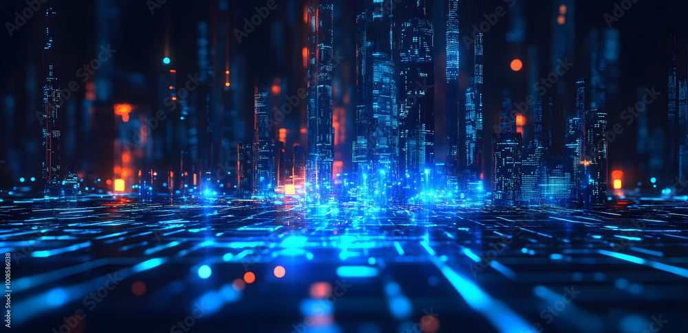 Fototapeta premium Smart city and big data connection technology concept 3d illustration. Sci-fi Skyline, Blue Neon lights. Wireless digital connection and internet of things future