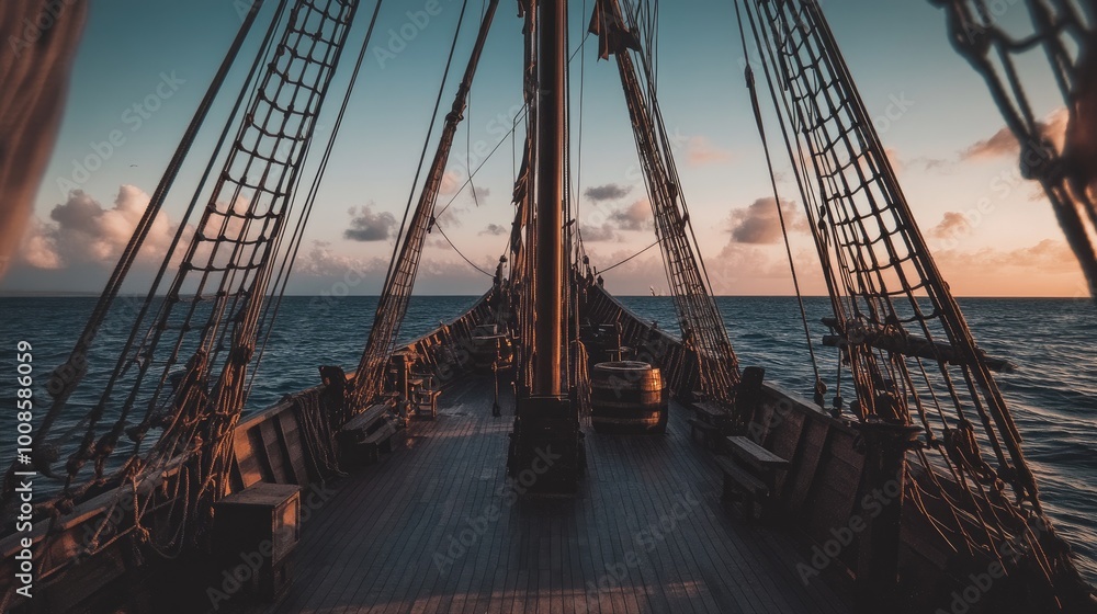 Naklejka premium A deserted pirate ship deck with worn sails and creaking ropes, set against a dramatic stormy sky, creating a mysterious and adventurous stage background.