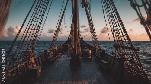 A deserted pirate ship deck with worn sails and creaking ropes, set against a dramatic stormy sky, creating a mysterious and adventurous stage background. photo