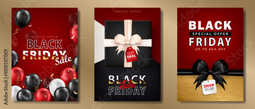 Set of sale banners with 3d gift boxes with bow, golden confetti, balloons, price tag for BLACK FRIDAY event. Cards with party streamers and present packages with special offer for online shopping
