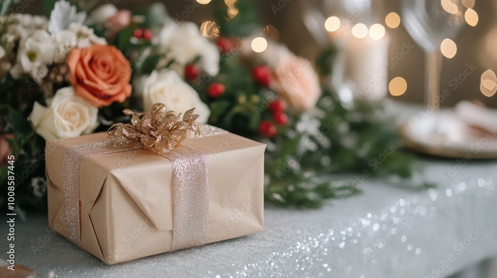 Festive Gift Wrapped in Gleaming Ribbon and Surrounded by Blooming Flowers Festive Gift Wrapped in Gleaming Ribbon and Surrounded by Blooming Flowers