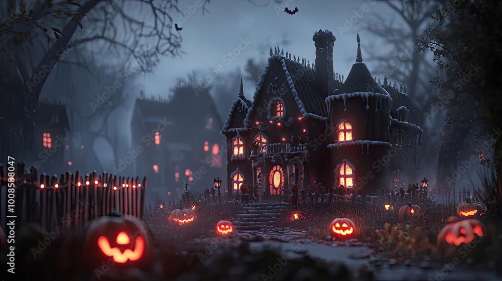 A spooky haunted house adorned with glowing pumpkins, set in a dark forest, perfect for Halloween themes and eerie storytelling. A spooky haunted house adorned with glowing pumpkins, set in a dark forest, perfect for Halloween themes and eerie storytelling.