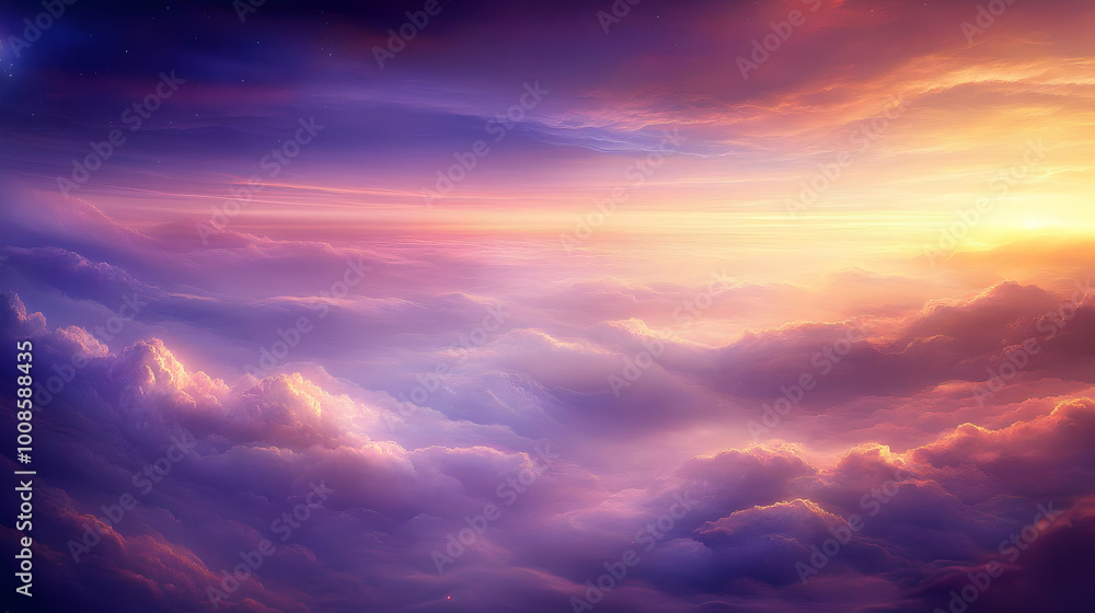 Obraz premium Digital Painting of a Dreamlike Sunset Above Fluffy Clouds in a Purple and Orange Sky