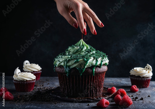 A Spooky Symphony of Sweets:  A Darkly Delicious Halloween Cupcake Display with a Touch of the Macabre photo