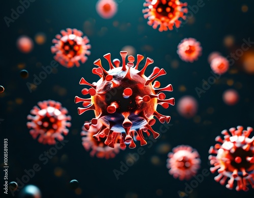 An abstract visualization of a pandemic, represented by floating virus particles against a dark, unsettling background