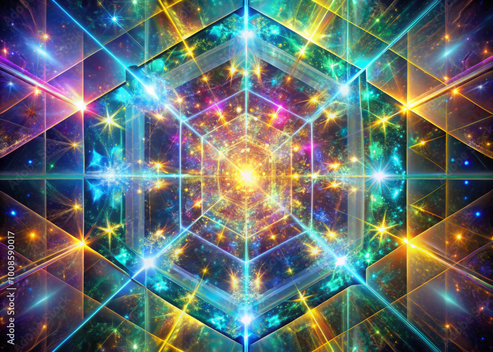 Obraz premium vibrant 3D fractal grid radiates with ethereal light, creating mesmerizing visual experience filled with colorful stars and geometric patterns