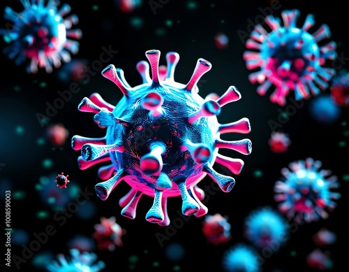 An abstract visualization of a pandemic, represented by floating virus particles against a dark, unsettling background