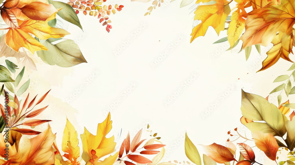 Aesthetic watercolor frame with autumn vibrant leaves, copy space, light background, foliage template. Generative AI