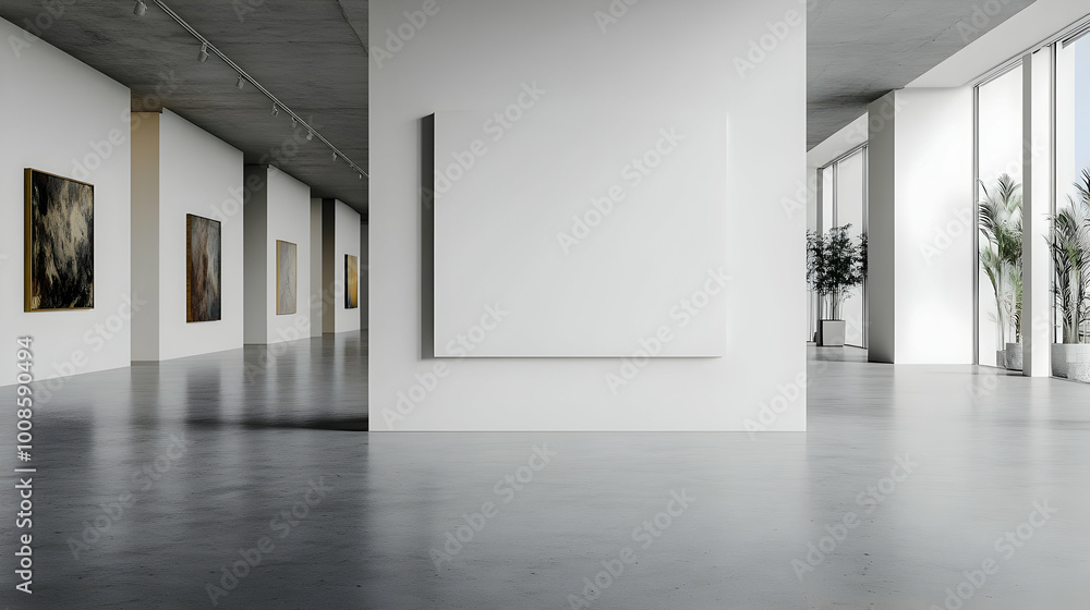 Modern Art Gallery Interior with Blank Canvas for Artwork Display on a White Wall Modern Art Gallery Interior with Blank Canvas for Artwork Display on a White Wall