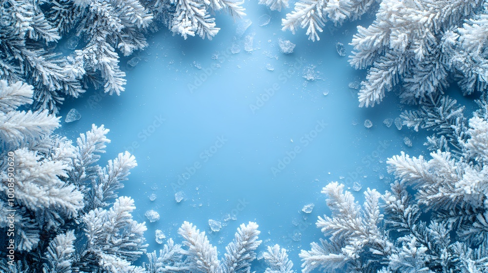 A blue background covered in ice crystals with a frosty crystal border A blue background covered in ice crystals with a frosty crystal border