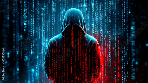 Mysterious Hacker Figure Standing in Front of a Digital Binary Code Background photo