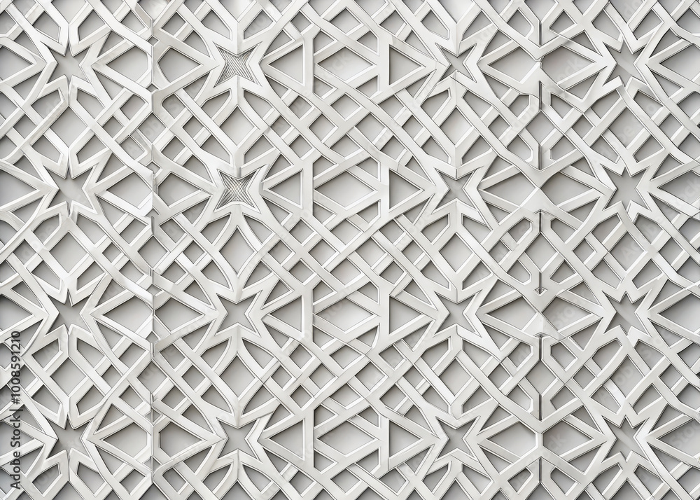 Intricate geometric white pattern featuring lattice of crisscrossing lines and star shapes, creating visually captivating design that adds depth and texture to any space Intricate geometric white pattern featuring lattice of crisscrossing lines and star shapes, creating visually captivating design that adds depth and texture to any space