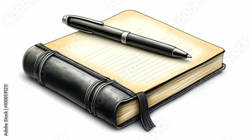 A Vintage Leather-Bound Journal with a Black Pen, Ready for Writing, Sitting on a White Background
