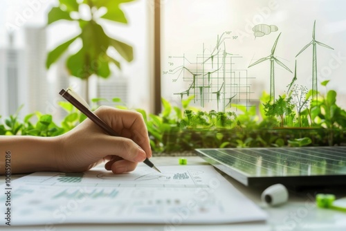 Sustainable Green Energy Concept with Wind Turbines and Eco-Friendly City Planning Design