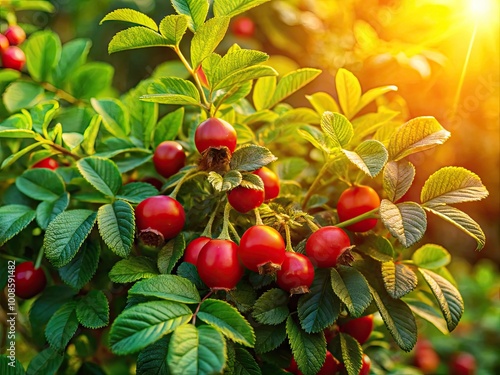 Lush green briar bush with vibrant leaves and soft, natural sunlight filtering through the branches photo