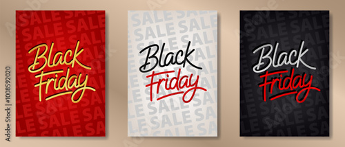 Set of posters with bold "Black Friday" text stands out with a stylish font on black, red and white background with subtle, repetitive SALE words. Banners with discount special offer for shopping