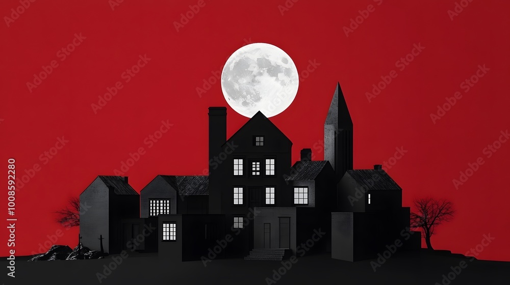 Fototapeta premium Silhouetted haunted house against a full moon and eerie red backdrop.