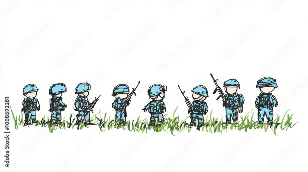 Fototapeta premium Cartoon Military Soldiers on Clean Background