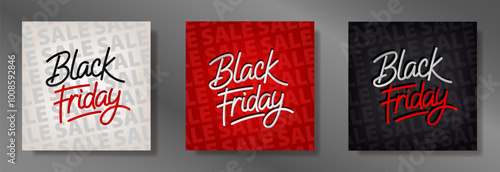 Square posters with bold "Black Friday" text stands out with a stylish font on black, red and white background with subtle, repetitive SALE words. Banners with discount special offer for shopping