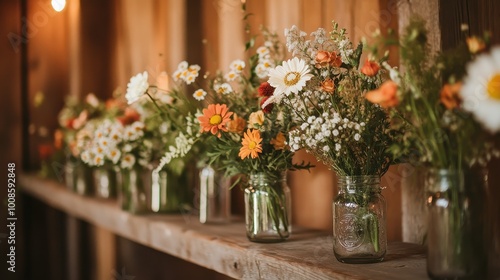 Rustic Charm: Wildflowers in Mason Jars on a Wooden Shelf