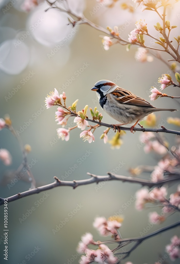 Nature's Harmony: Sparrow Bird in Soft Morning Light with Floral Accent Nature's Harmony: Sparrow Bird in Soft Morning Light with Floral Accent