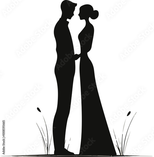 Elegant black-and-white silhouette of a couple standing closely, with the woman in a long dress, symbolizing love, romance, and togetherness