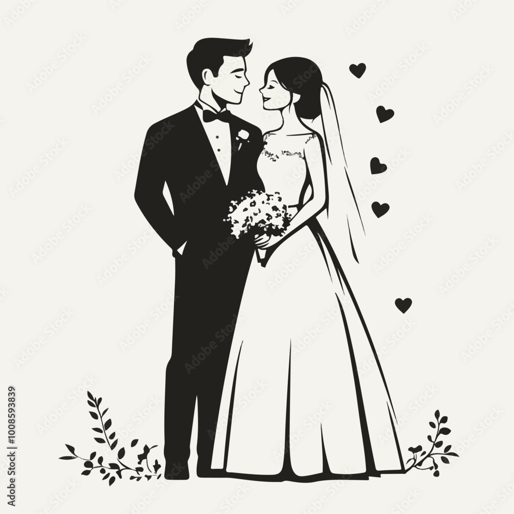Black-and-white illustration of a bride and groom standing together, smiling, with hearts and floral accents, symbolizing love, marriage, and celebration Black-and-white illustration of a bride and groom standing together, smiling, with hearts and floral accents, symbolizing love, marriage, and celebration