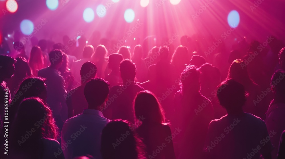 Obraz premium A lively crowd fills the dance floor, swaying and moving to the beat of the music, surrounded by colorful lights that enhance the festive ambiance of the nightlife