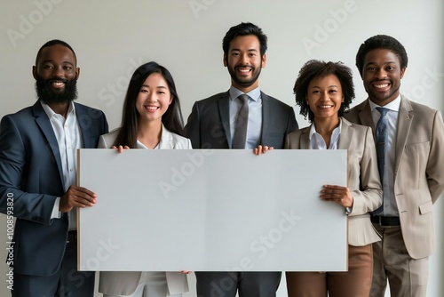 diverse group of happy businesspeople holding a blank billboard over a white background.