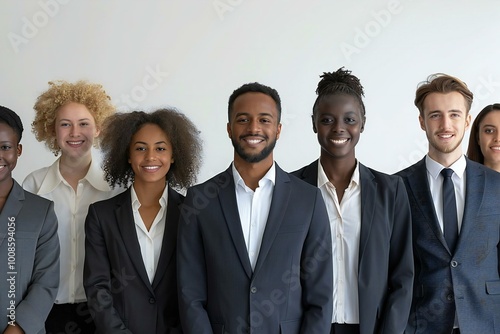 diverse group of young confident businesspeople standing in a row against a white background.