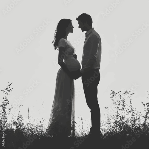 A black-and-white silhouette of a pregnant woman and a man standing face to face, tenderly touching her belly