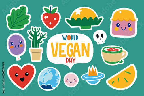 Colorful sticker collection celebrating world vegan day with cute illustrations