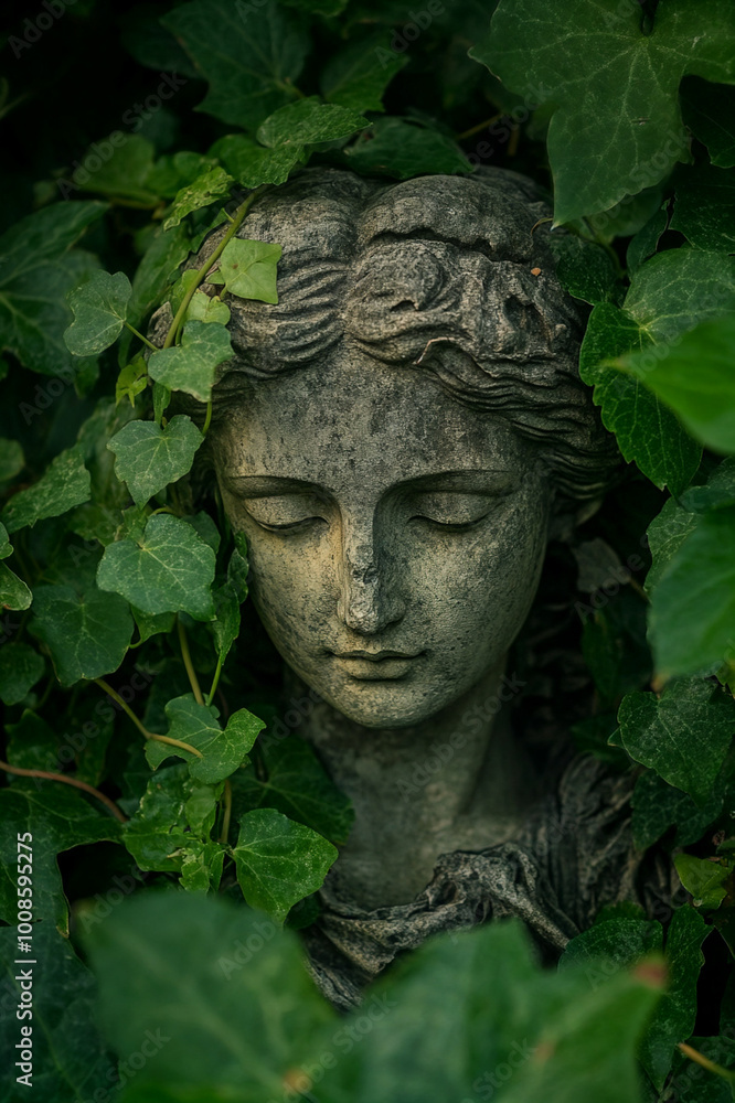 A serene statue of a woman's face is partially hidden by lush green ivy leaves. A serene statue of a woman's face is partially hidden by lush green ivy leaves.