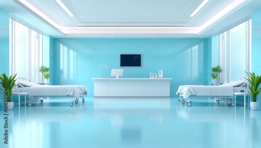 Modern Hospital Room with Medical Equipment and Calming Atmosphere Modern Hospital Room with Medical Equipment and Calming Atmosphere