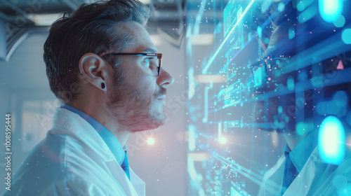 Side profile of a Caucasian male doctor working with advanced medical technology in a modern lab photo