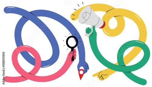Set with 4 squiggly long hands with different hand gestures, holding magnifying glass, loudspeaker, geo pin. Hand drawn isolated vector illustrations