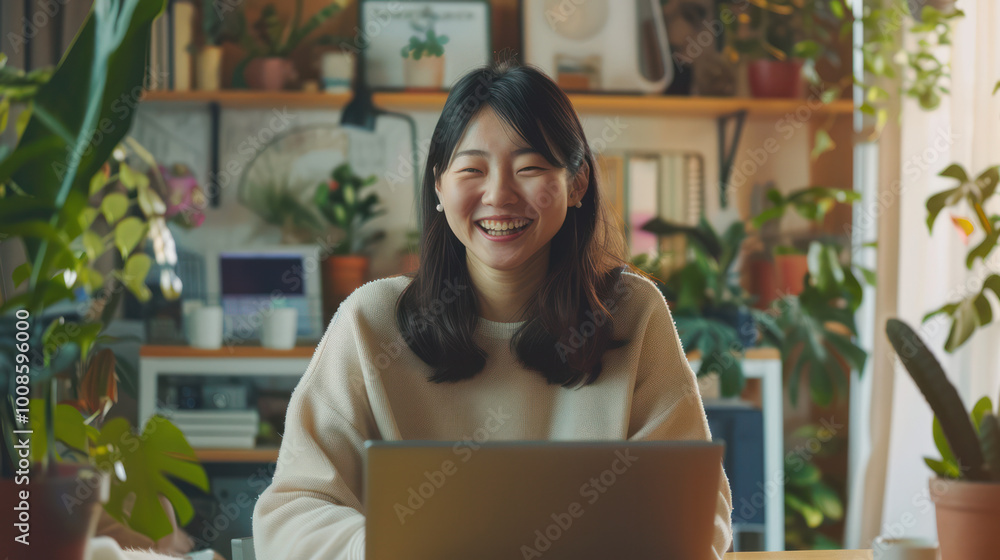 Mujer asiática sonriente en oficina decorada con plantas, ambiente relajado y moderno
Mujer asiática sonriente en oficina decorada con plantas, ambiente relajado y moderno