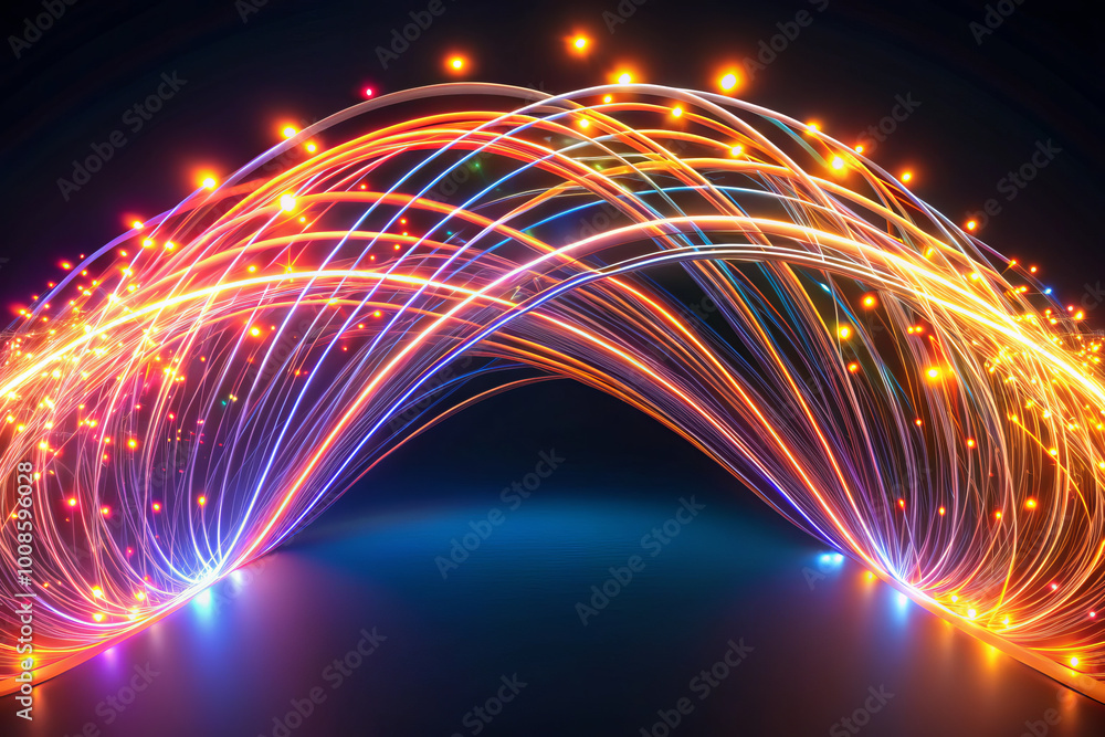 Bright arc pattern of interconnected glowing curves suspended in mid ...