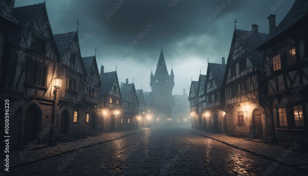 Fototapeta premium Heavy fog in the town illustration creepy background