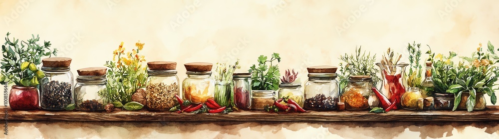 Watercolor illustration of an old wooden table with glass jars filled with spices and herbs. Watercolor illustration of an old wooden table with glass jars filled with spices and herbs.