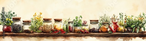 Watercolor illustration of an old wooden table with glass jars filled with spices and herbs.