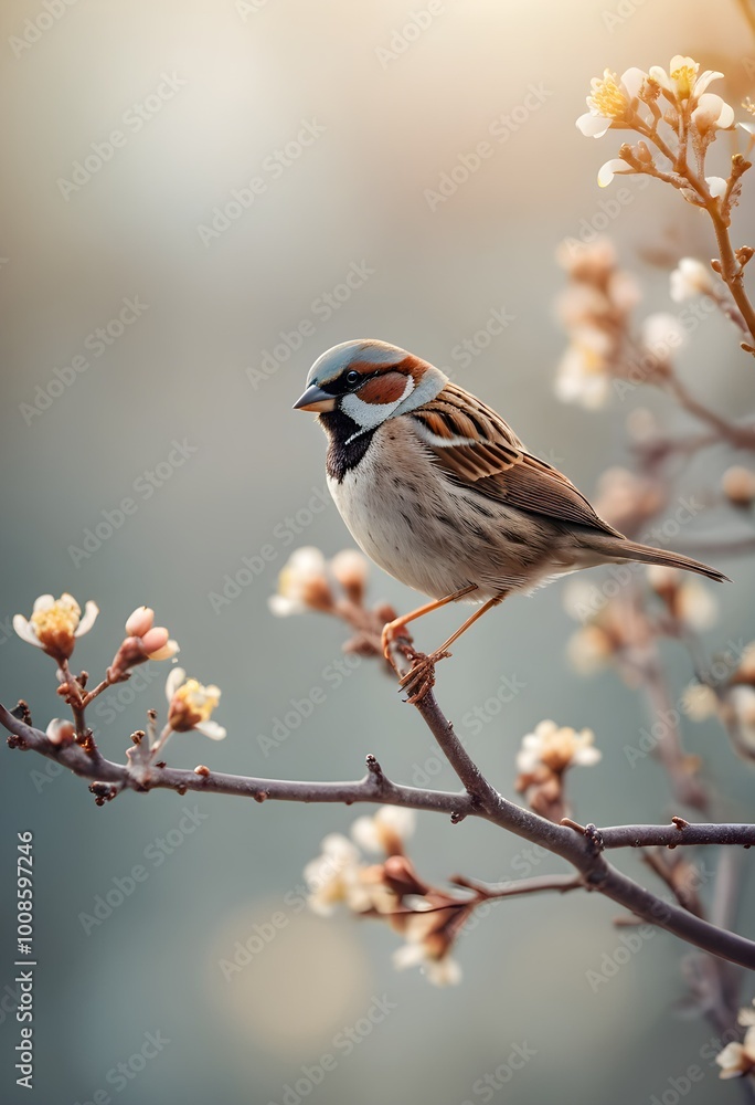 Wildlife Beauty: Sparrow Bird on Flowering Tree Branch in Morning Light Wildlife Beauty: Sparrow Bird on Flowering Tree Branch in Morning Light