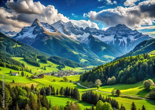 Majestic Alpine Landscape in Austria with Snow-Capped Peaks and Lush Green Valleys Under Blue Sky