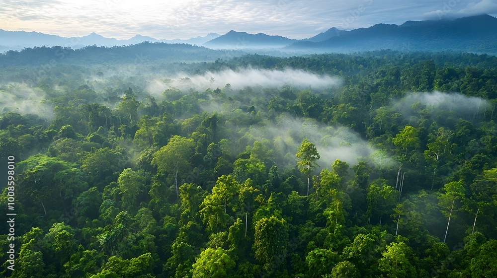 Lush green rainforest with mist hovering over trees at dawn. Lush green rainforest with mist hovering over trees at dawn.