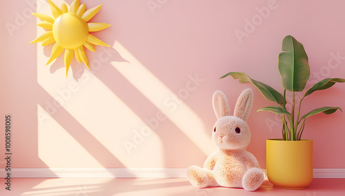Cute pink wall background featuring a sun and rabbit toy