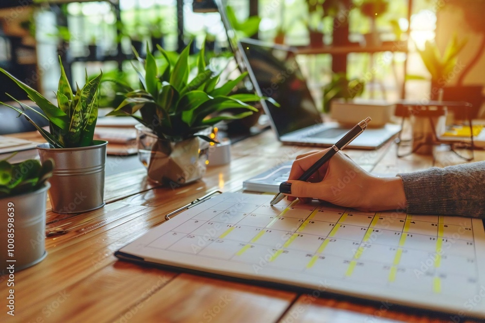 close-up photo of a businessperson's hand checking their schedule in a diary with a calendar on a wooden desk. The image captures the concept of organization and planning close-up photo of a businessperson's hand checking their schedule in a diary with a calendar on a wooden desk. The image captures the concept of organization and planning